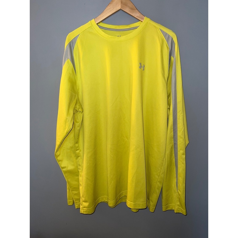 Under Armour HeatGear Mens XXL Neon Yellow Silver Long Sleeve Performance Shirt